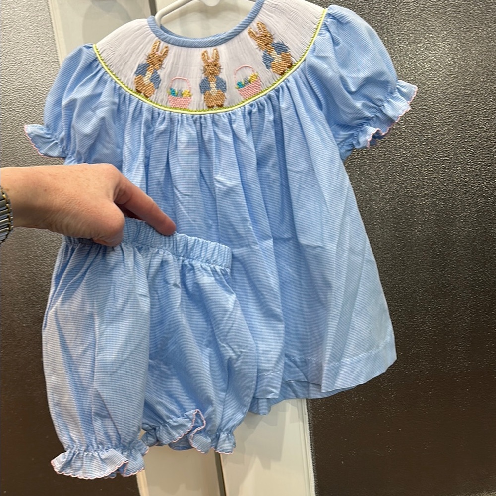 Blue Smocked Bunny Girls Matching Set
